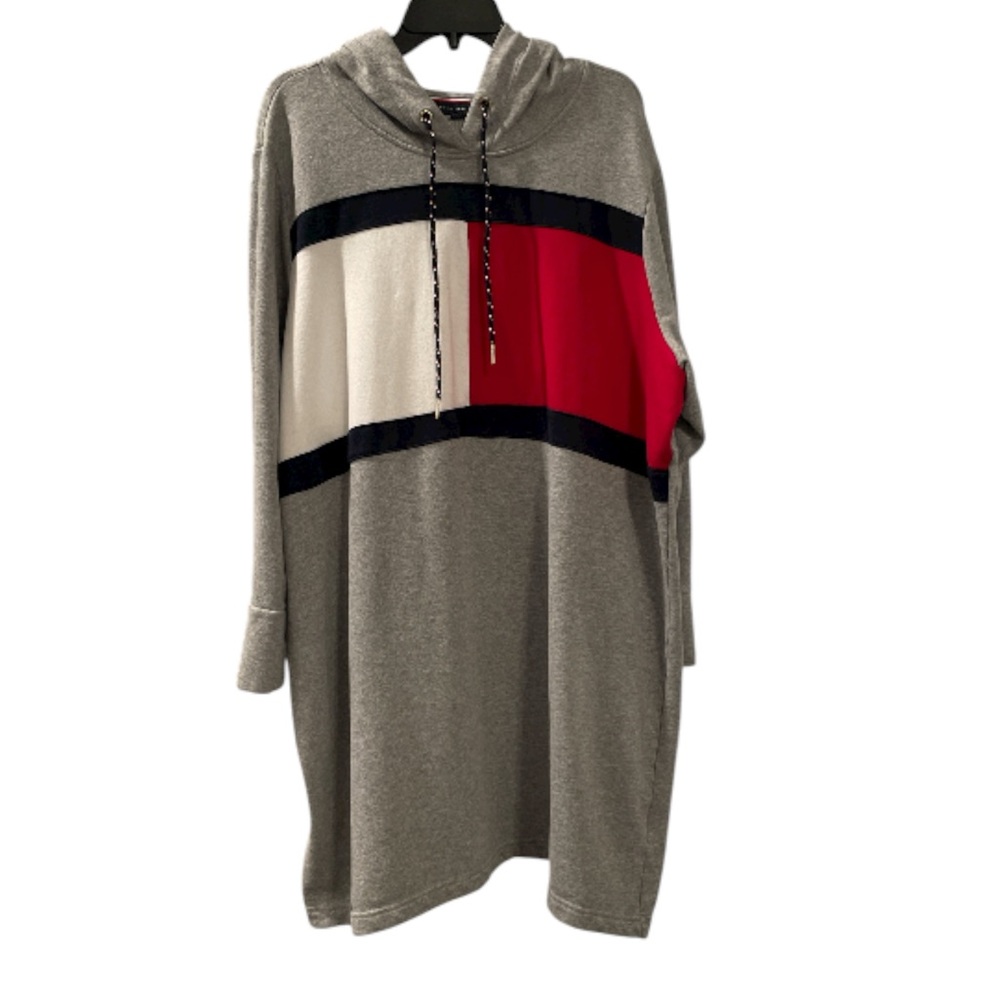 Tommy Hilfiger Women’s Hoodie Dress Size 2X Gray Red Navy White Color-block